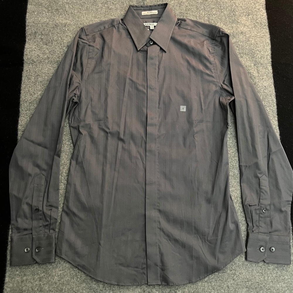 EXPRESS 1MX Fitted Stretch Grey Striped L/S Button-Up Shirt SMALL NWT 14 - 14.5